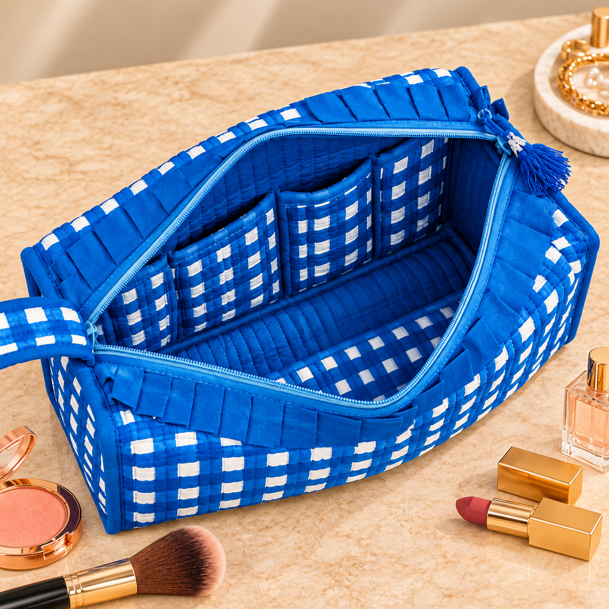 Large Quilted Makeup Bag, Coastal Stripe Travel Toiletry Case, Cotton Cosmetic Storage Bag with Handle