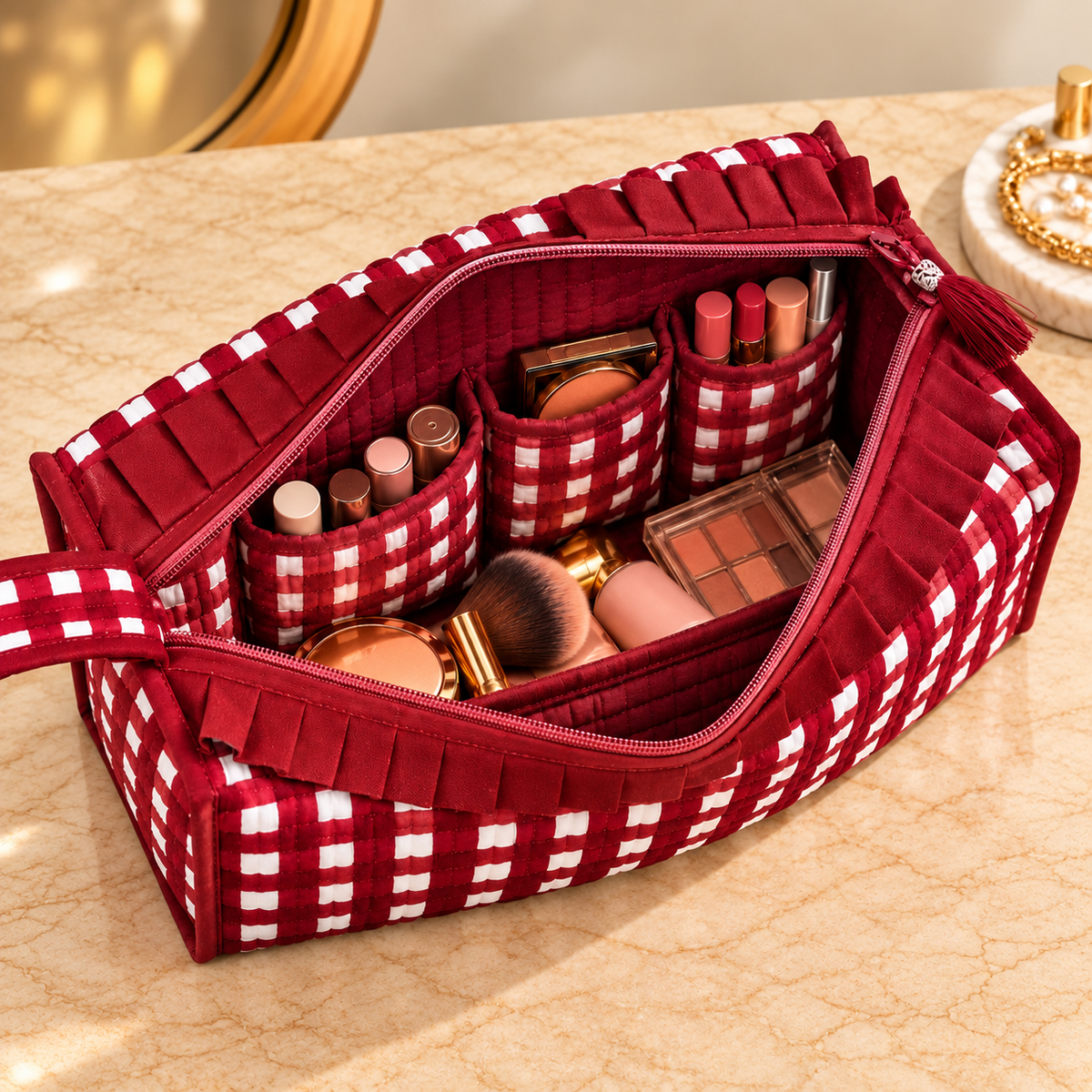 Large Quilted Makeup Bag, Coastal Stripe Travel Toiletry Case, Cotton Cosmetic Storage Bag with Handle