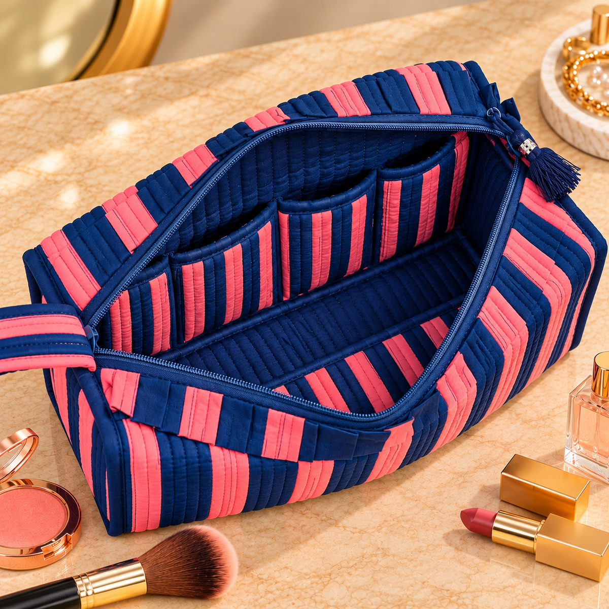 Large Quilted Makeup Bag, Coastal Stripe Travel Toiletry Case, Cotton Cosmetic Storage Bag with Handle