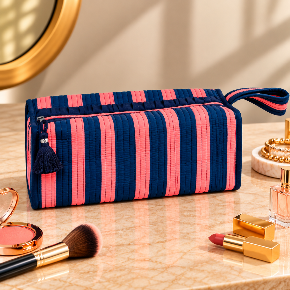 Large Quilted Makeup Bag, Coastal Stripe Travel Toiletry Case, Cotton Cosmetic Storage Bag with Handle