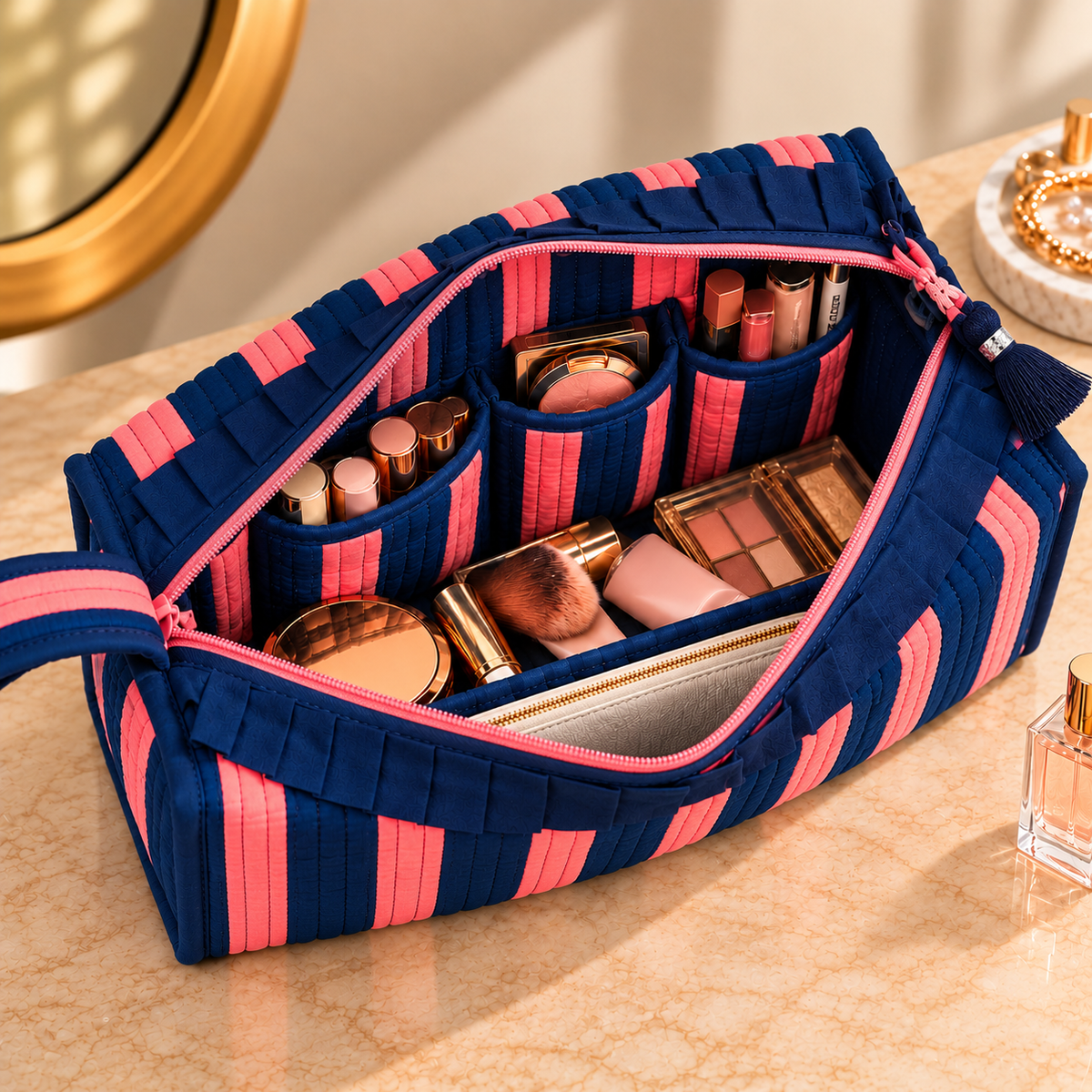 Large Quilted Makeup Bag, Coastal Stripe Travel Toiletry Case, Cotton Cosmetic Storage Bag with Handle