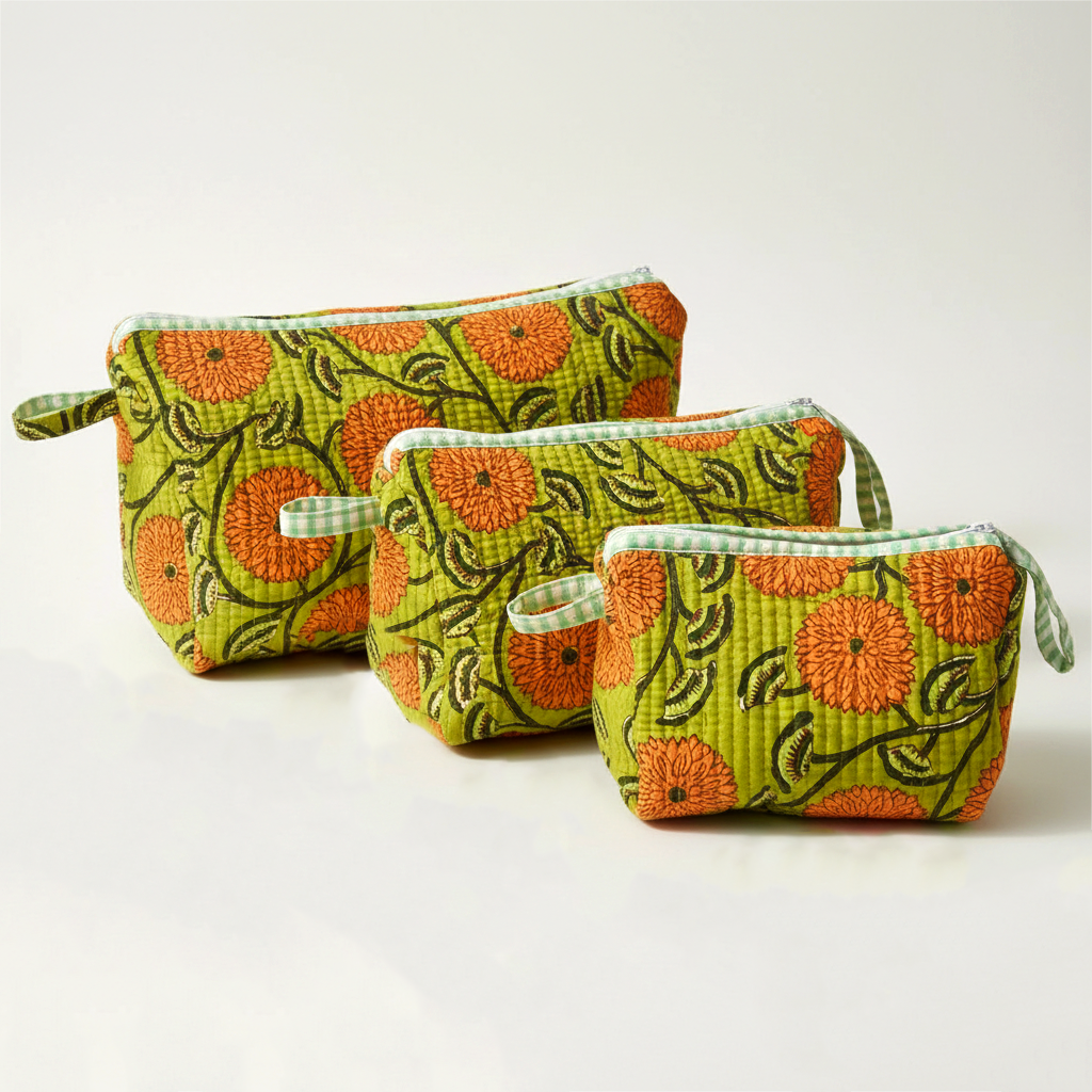 Set Of 3 Makeup Bag, Magenta Bud Floral Block Print Cotton Travel Case, Quilted Cosmetic Storage Bag Set