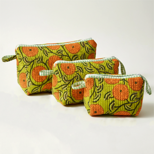 Set Of 3 Makeup Bag, Olive Bagh Floral Block Print Cotton Wash Kit, Quilted Cosmetic Storage Organizer