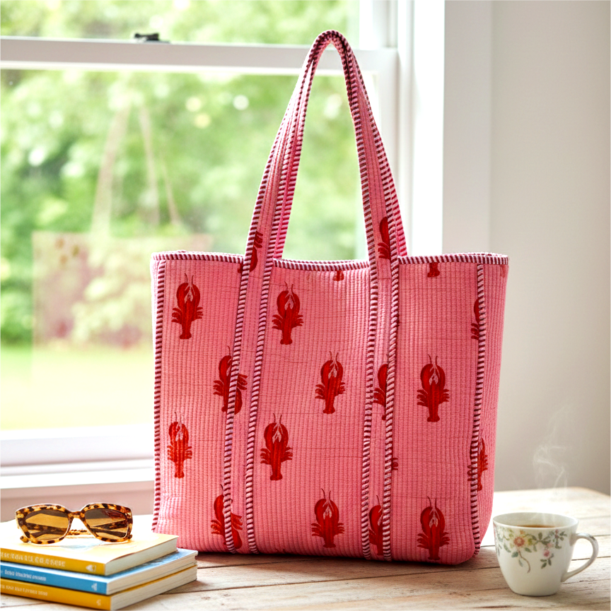 Handmade Pink Lobster Print Quilted Cotton Tote Bag, Indian Block Print Boho Shoulder Bag, Coastal Nautical Travel Beach Bag