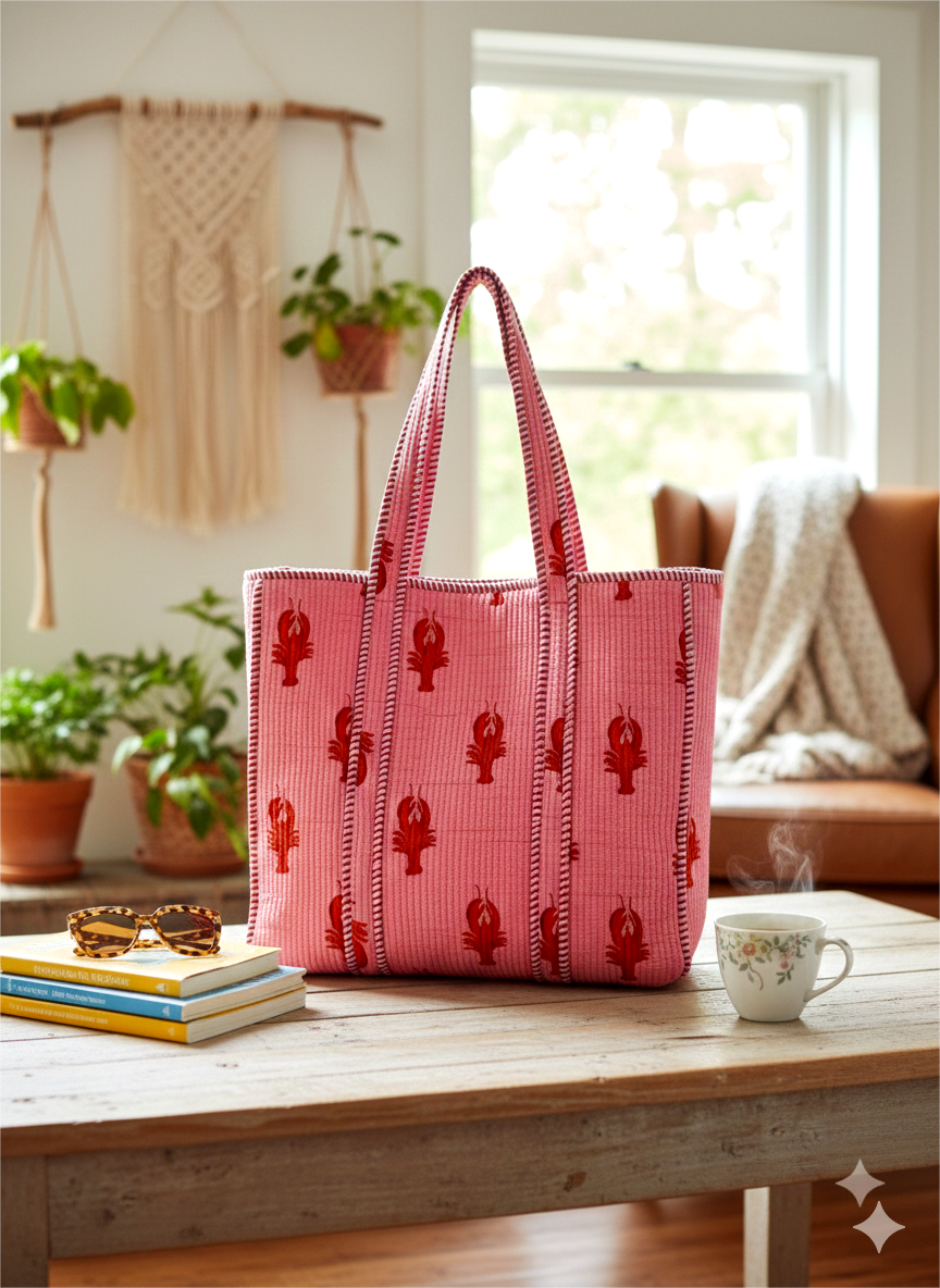 Handmade Pink Lobster Print Quilted Cotton Tote Bag, Indian Block Print Boho Shoulder Bag, Coastal Nautical Travel Beach Bag