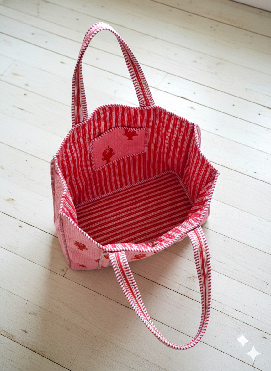 Handmade Pink Lobster Print Quilted Cotton Tote Bag, Indian Block Print Boho Shoulder Bag, Coastal Nautical Travel Beach Bag