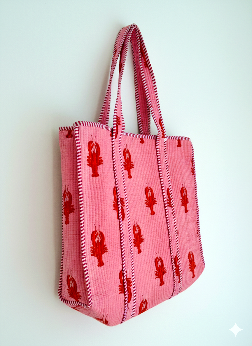 Handmade Pink Lobster Print Quilted Cotton Tote Bag, Indian Block Print Boho Shoulder Bag, Coastal Nautical Travel Beach Bag