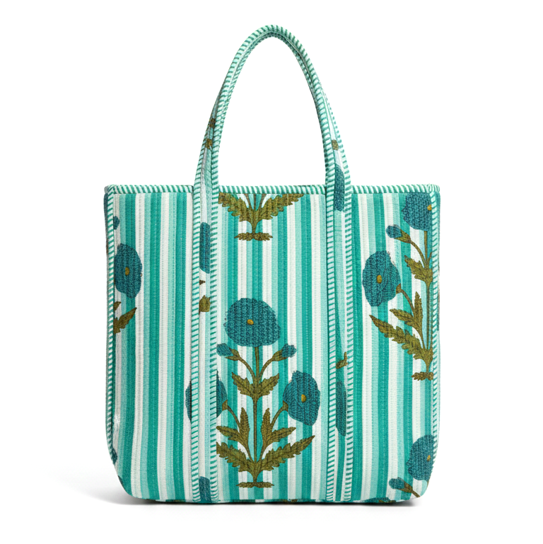Handmade Green Floral Striped Quilted Cotton Tote Bag, Indian Block Print Boho Shoulder Bag, Botanical Travel Shopping Beach Bag