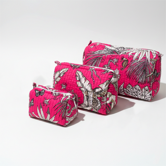 Set Of 3 Makeup Bag, Hot Pink Tropical Palm Leaves Cotton Storage Pouch, Quilted Cosmetic Travel Case