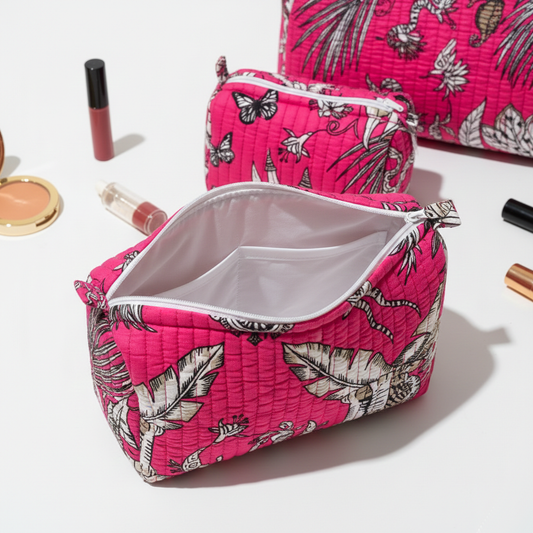 Set Of 3 Makeup Bag, Hot Pink Tropical Palm Leaves Cotton Storage Pouch, Quilted Cosmetic Travel Case