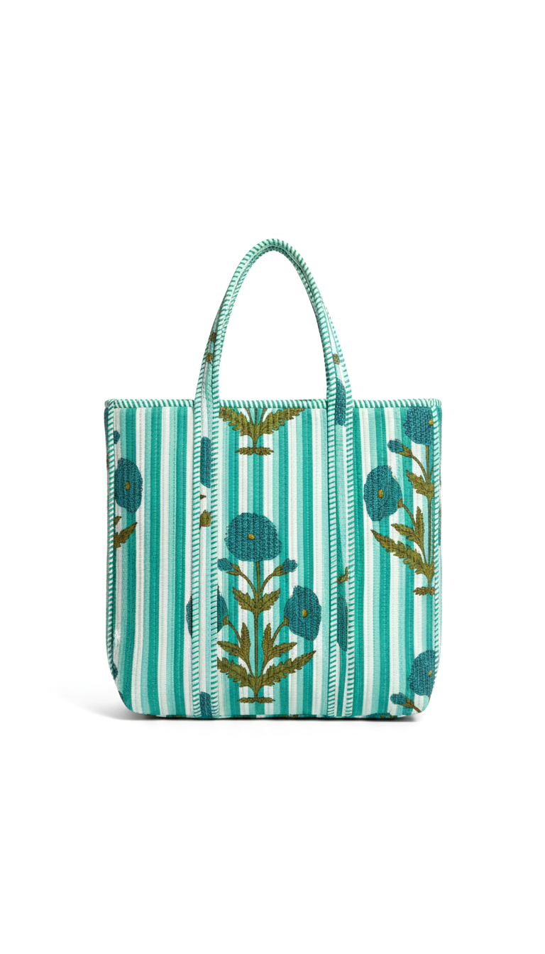Handmade Green Floral Striped Quilted Cotton Tote Bag, Indian Block Print Boho Shoulder Bag, Botanical Travel Shopping Beach Bag