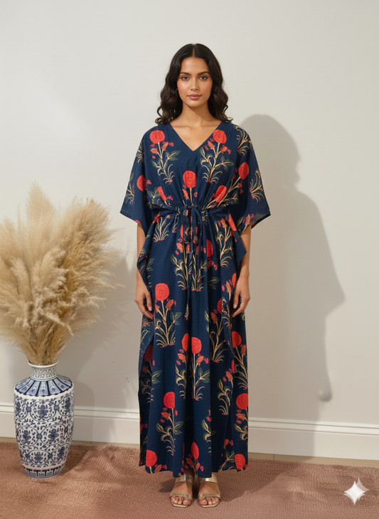 Hand Block Print Cotton Kaftan - Navy Blue Floral Long Maxi Dress, Soft Loungewear