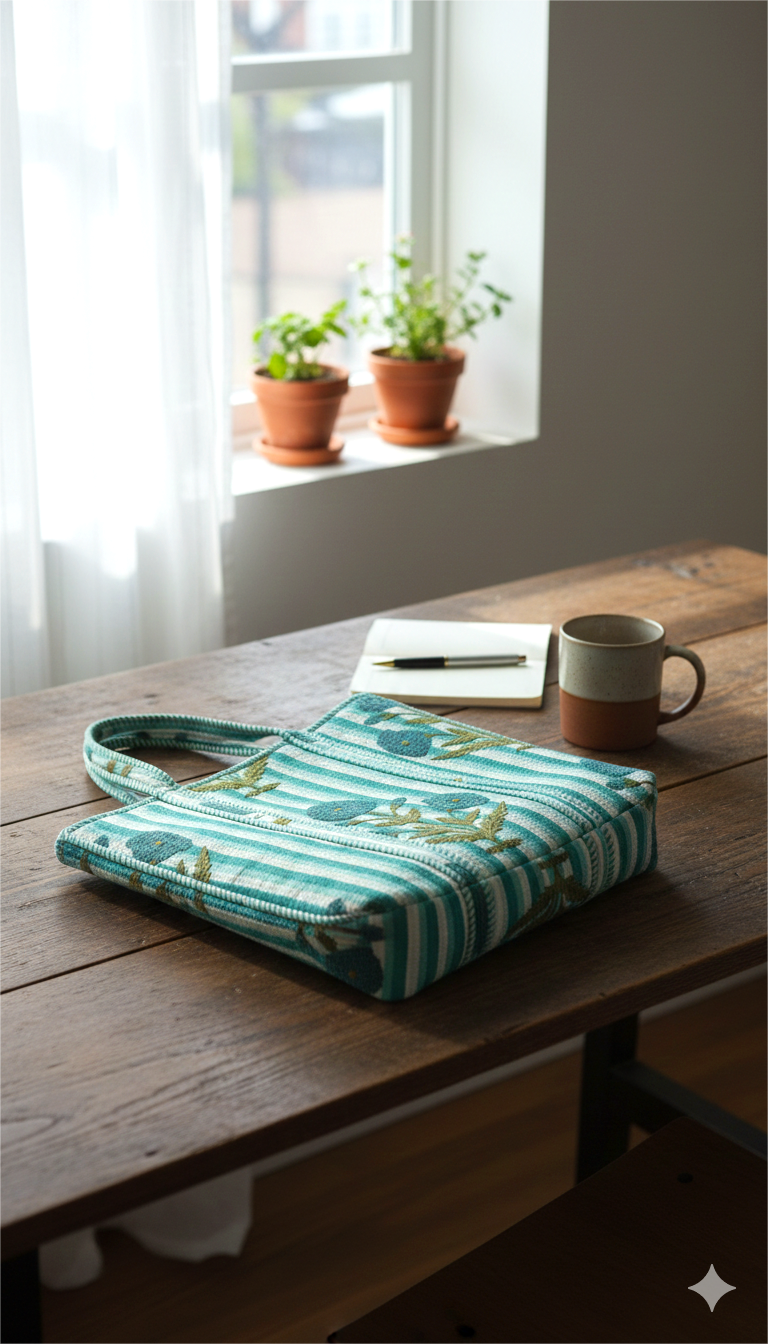 Handmade Green Floral Striped Quilted Cotton Tote Bag, Indian Block Print Boho Shoulder Bag, Botanical Travel Shopping Beach Bag