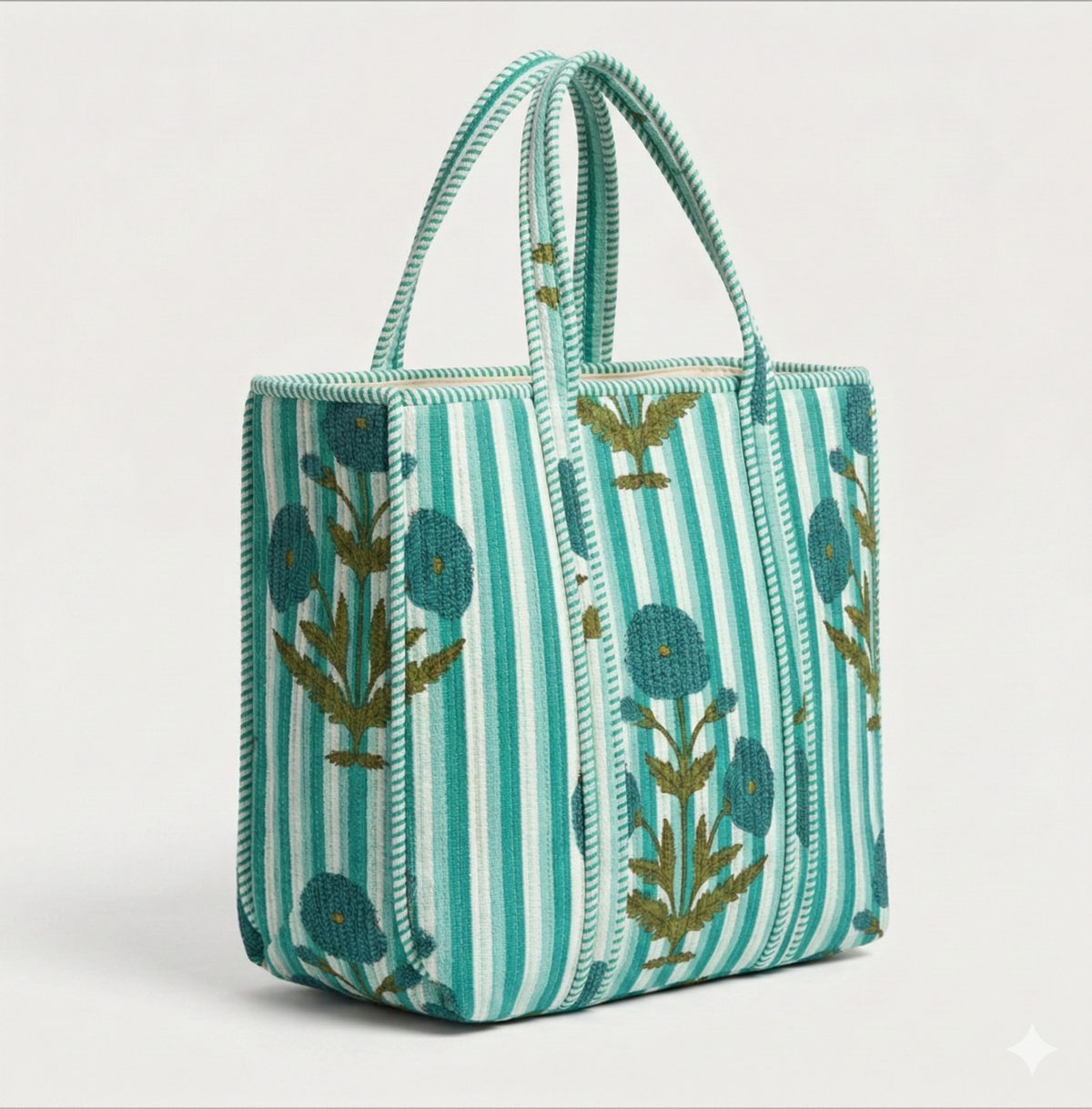 Handmade Green Floral Striped Quilted Cotton Tote Bag, Indian Block Print Boho Shoulder Bag, Botanical Travel Shopping Beach Bag