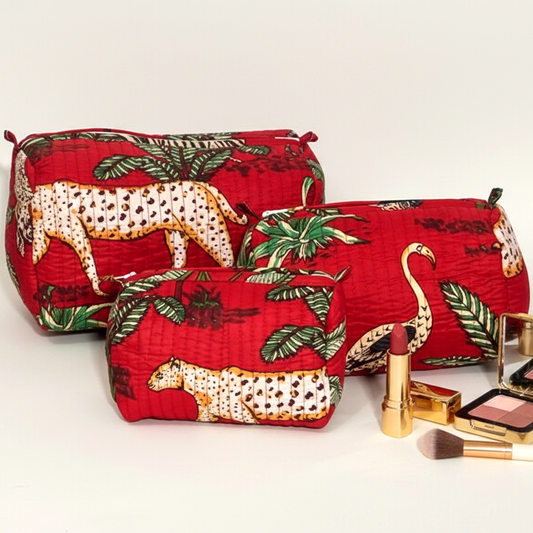 Set Of 3 Makeup Bag, Lal Safari Cheetah Block Print Cotton Travel Case, Quilted Cosmetic Storage Organizer