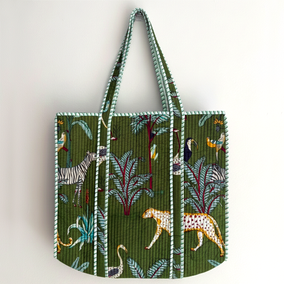 Handmade Light Blue Safari Jungle Print Quilted Cotton Tote Bag, Indian Block Print Leopard Zebra Boho Shoulder Bag, Animal Print Travel Beach Bag (Copy)