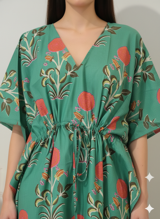 Hand Block Print Cotton Kaftan - Sea Green Floral Long Maxi Dress, Soft Loungewear