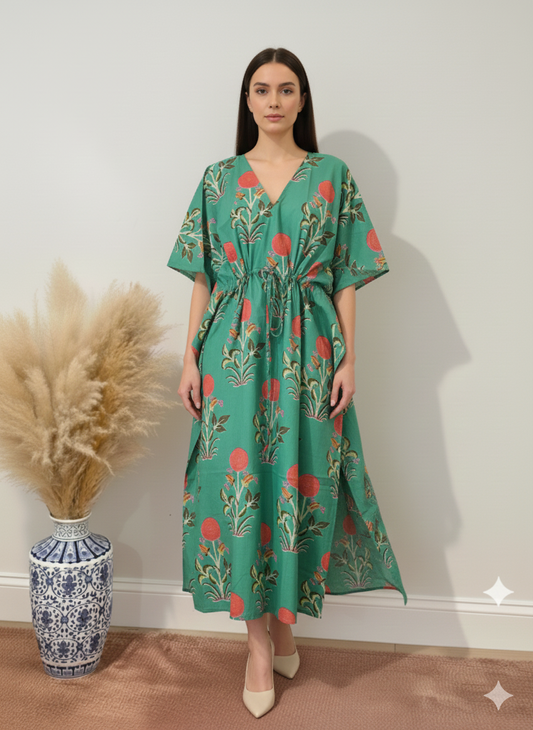 Hand Block Print Cotton Kaftan - Sea Green Floral Long Maxi Dress, Soft Loungewear
