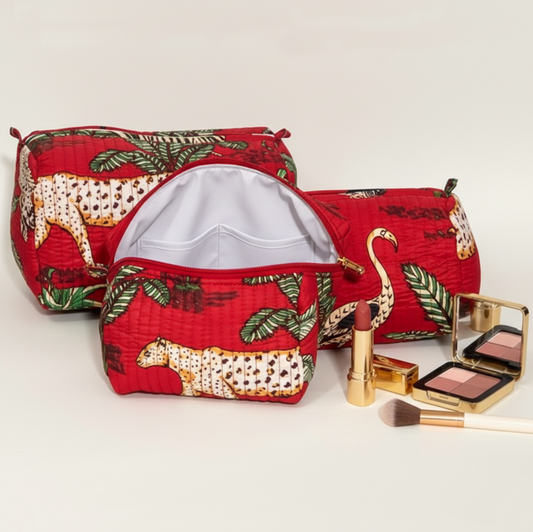 Set Of 3 Makeup Bag, Lal Safari Cheetah Block Print Cotton Travel Case, Quilted Cosmetic Storage Organizer