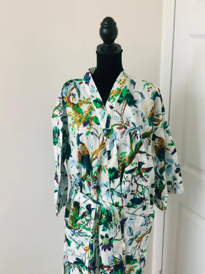 Handcrafted Block Print Cotton Kimono Robe | Green & Blue Botanical Bird Forest Lounge Robe | Spa & Sleepwear