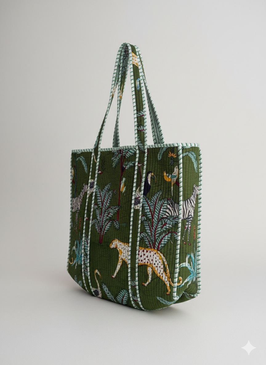 Handmade Light Blue Safari Jungle Print Quilted Cotton Tote Bag, Indian Block Print Leopard Zebra Boho Shoulder Bag, Animal Print Travel Beach Bag (Copy)