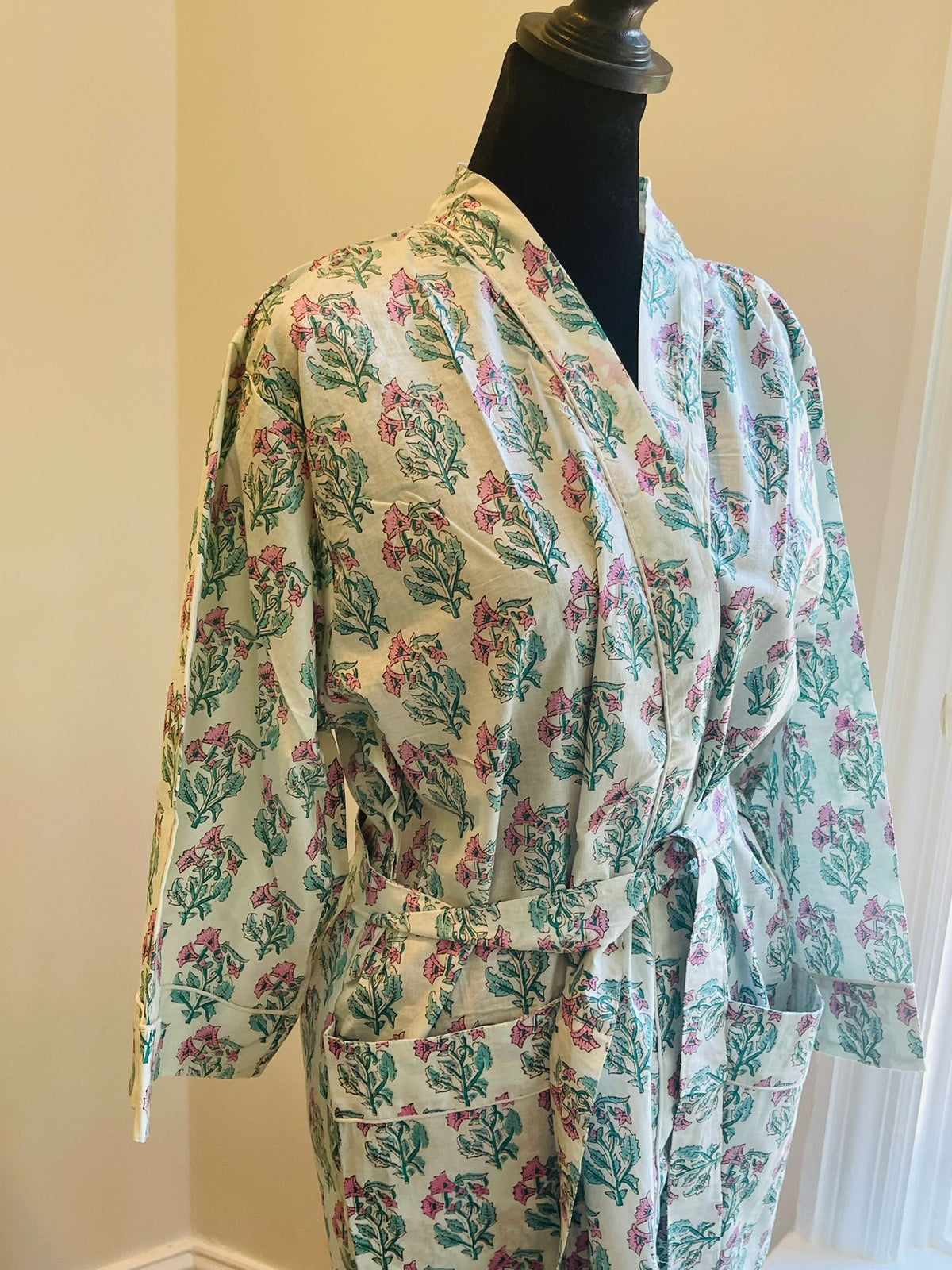 Handcrafted Block Print Cotton Kimono Robe | Soft Blue, Pink & Green Floral Meadow Lounge Robe | Spa & Sleepwear