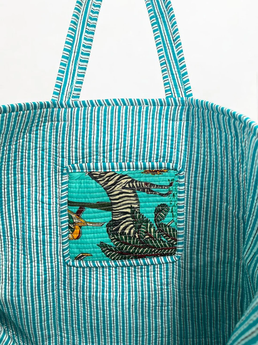 Handmade Light Blue Safari Jungle Print Quilted Cotton Tote Bag, Indian Block Print Leopard Zebra Boho Shoulder Bag, Animal Print Travel Beach Bag (Copy)