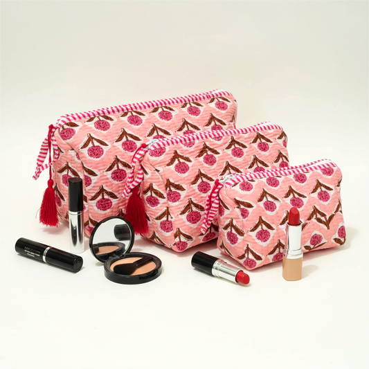 Set Of 3 Makeup Bag, Blush Blossom Floral Block Print Cotton Travel Case, Quilted Cosmetic Storage Bag Set