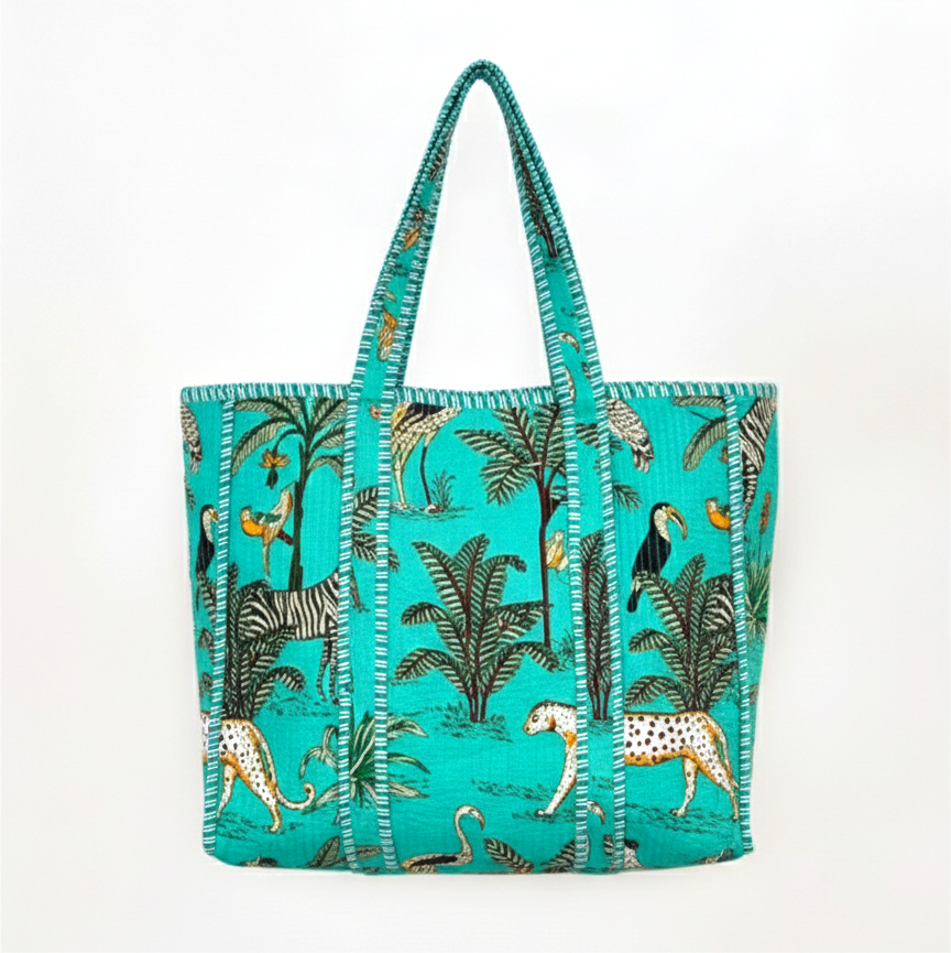 Handmade Light Blue Safari Jungle Print Quilted Cotton Tote Bag, Indian Block Print Leopard Zebra Boho Shoulder Bag, Animal Print Travel Beach Bag (Copy)