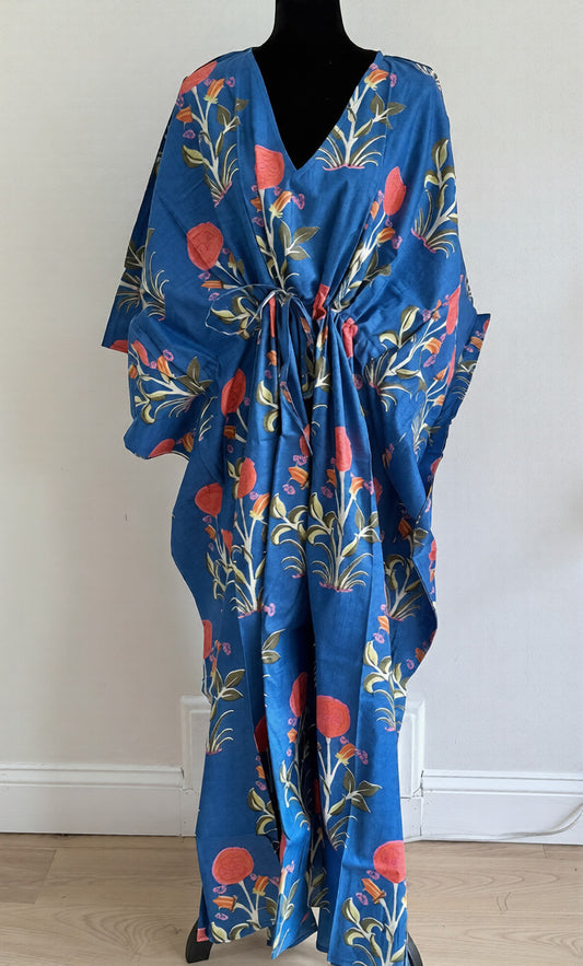Hand Block Print Cotton Kaftan - Royal Blue Floral Long Maxi Dress, Soft Loungewear