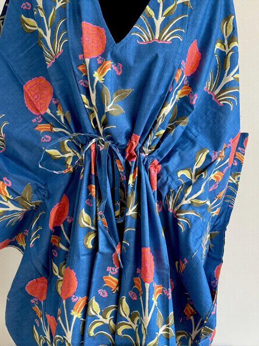 Hand Block Print Cotton Kaftan - Royal Blue Floral Long Maxi Dress, Soft Loungewear