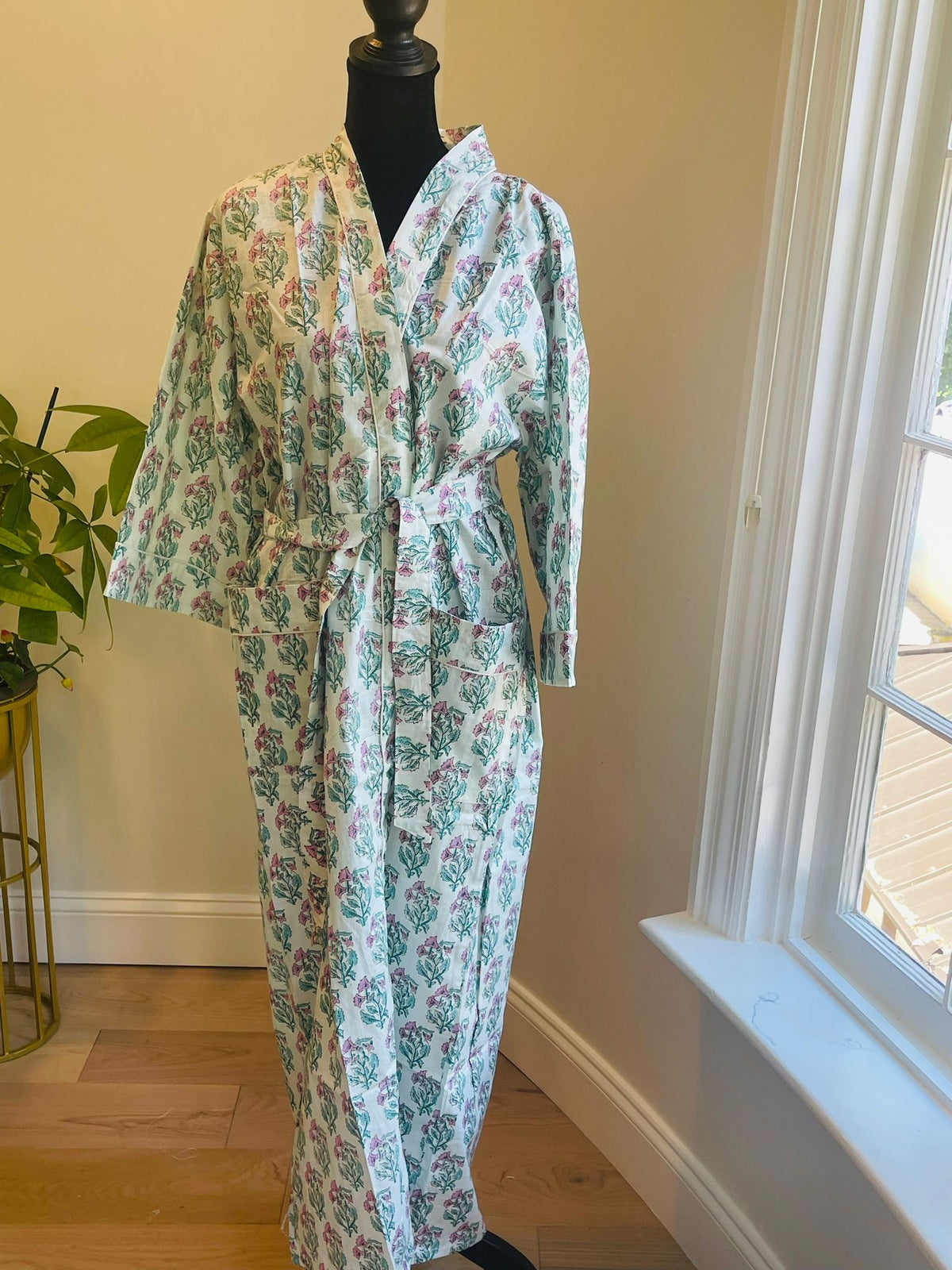 Handcrafted Block Print Cotton Kimono Robe | Soft Blue, Pink & Green Floral Meadow Lounge Robe | Spa & Sleepwear