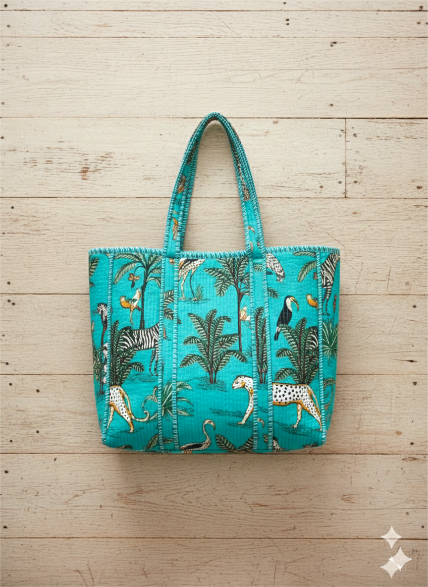 Handmade Light Blue Safari Jungle Print Quilted Cotton Tote Bag, Indian Block Print Leopard Zebra Boho Shoulder Bag, Animal Print Travel Beach Bag (Copy)
