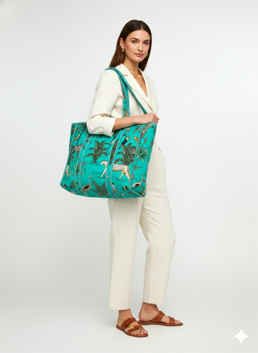 Handmade Light Blue Safari Jungle Print Quilted Cotton Tote Bag, Indian Block Print Leopard Zebra Boho Shoulder Bag, Animal Print Travel Beach Bag (Copy)