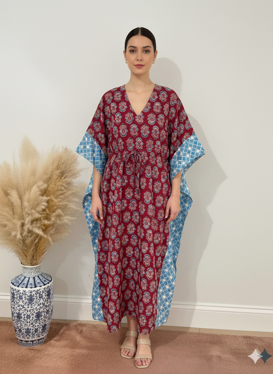 Hand Block Print Cotton Kaftan - Maroon Floral Motif Long Maxi Dress, Soft Loungewear