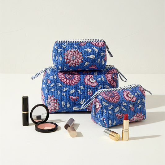 Set Of 3 Makeup Bag, Neel Blossom Floral Block Print Cotton Travel Case, Quilted Cosmetic Storage Bag Set