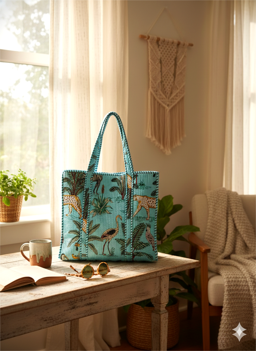 Handmade Light Blue Safari Jungle Print Quilted Cotton Tote Bag, Indian Block Print Leopard Zebra Boho Shoulder Bag, Animal Print Travel Beach Bag (Copy)