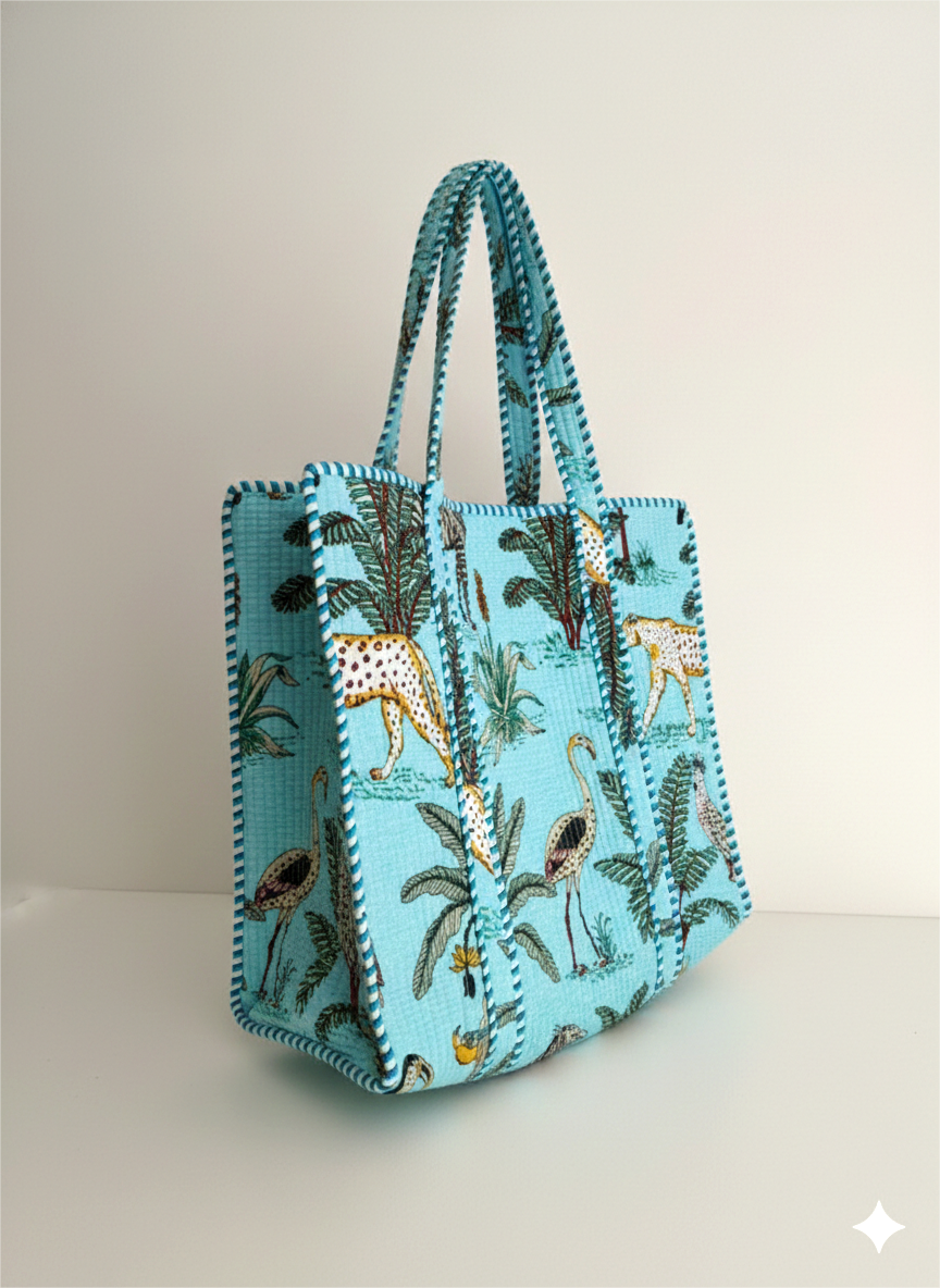 Handmade Light Blue Safari Jungle Print Quilted Cotton Tote Bag, Indian Block Print Leopard Zebra Boho Shoulder Bag, Animal Print Travel Beach Bag (Copy)