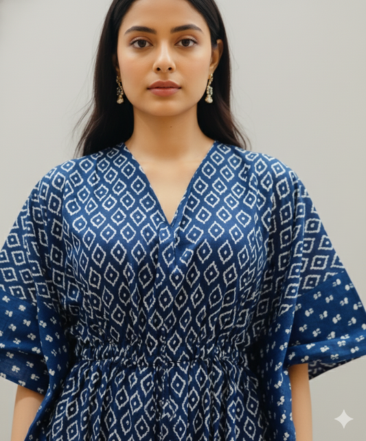 Hand Block Print Cotton Kaftan - Indigo Blue Geometric Long Maxi Dress, Soft Loungewear