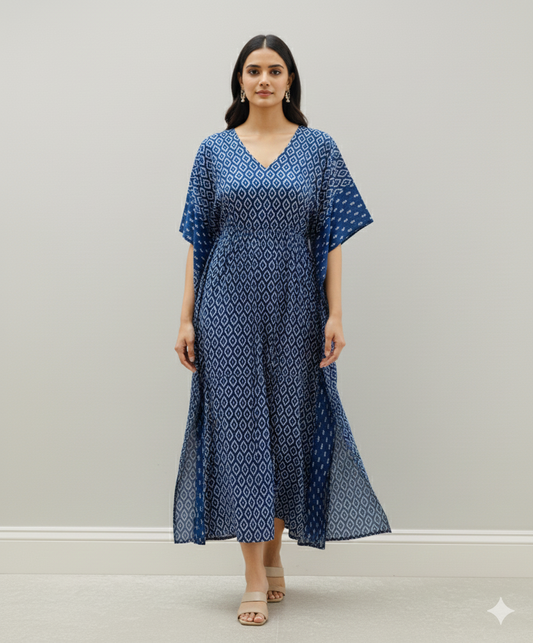 Hand Block Print Cotton Kaftan - Indigo Blue Geometric Long Maxi Dress, Soft Loungewear