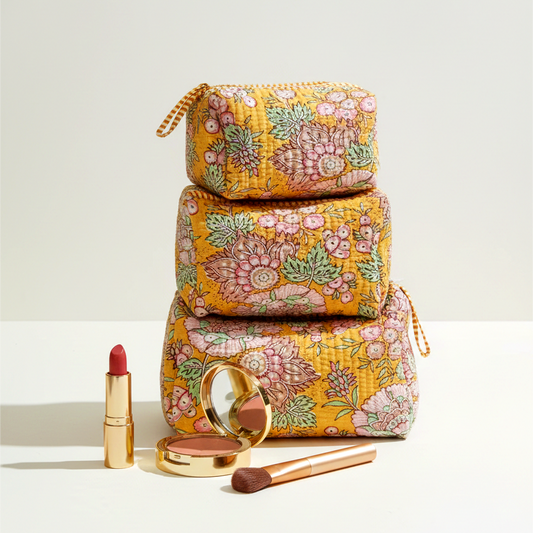 Set Of 3 Makeup Bag, Mewar Spring Floral Block Print Cotton Travel Case, Quilted Cosmetic Storage Bag Set