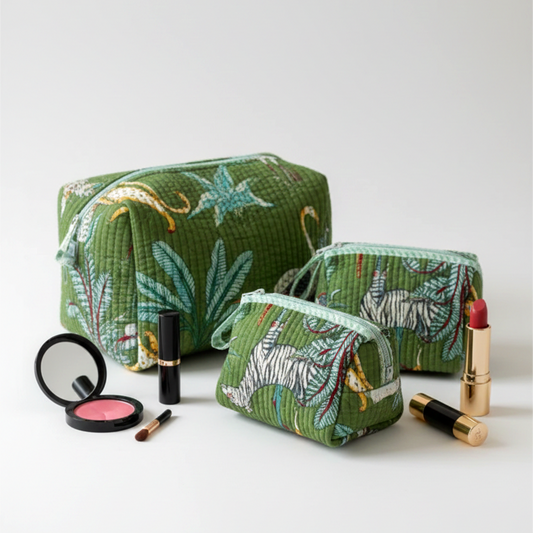 Set Of 3 Makeup Bag, Kachha Safari Animal Block Print Cotton Travel Pouch, Quilted Vanity Storage Bag Set