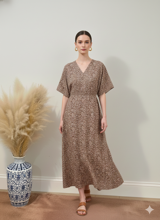 Hand Block Print Cotton Kaftan - Leopard Animal Print Long Maxi Dress, Soft Loungewear