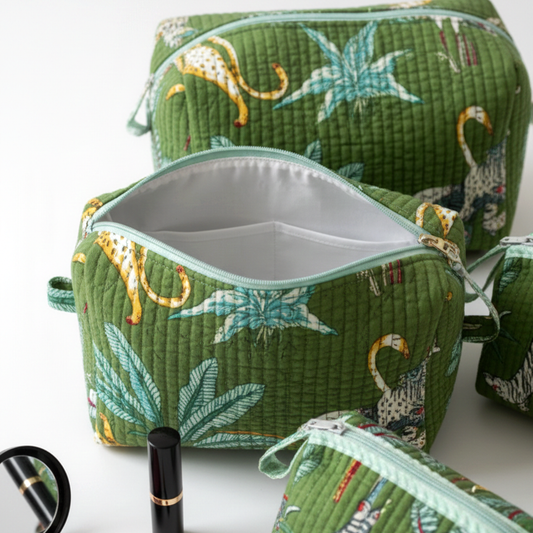 Set Of 3 Makeup Bag, Kachha Safari Animal Block Print Cotton Travel Pouch, Quilted Vanity Storage Bag Set