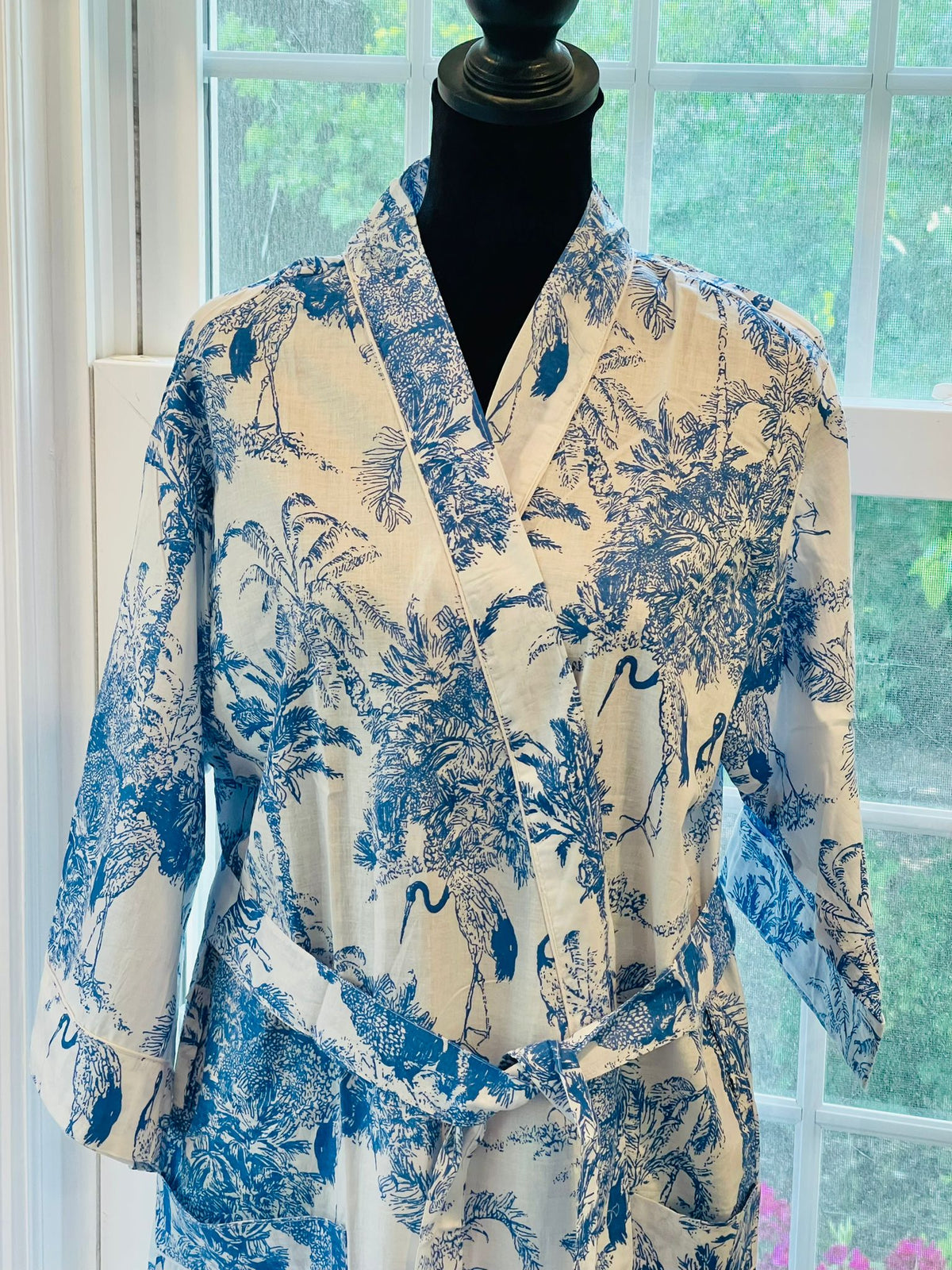Handcrafted Block Print Cotton Kimono Robe | Blue & White Botanical Toile de Jouy Lounge Robe | Spa & Sleepwea