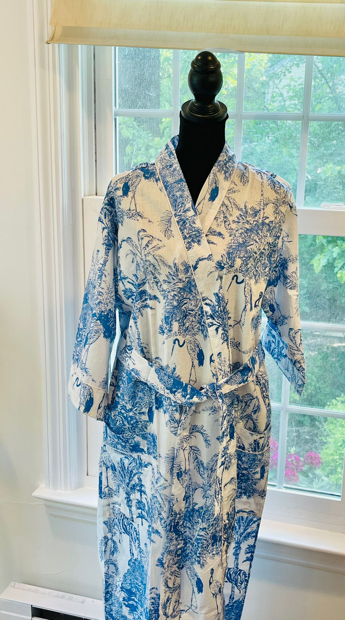 Handcrafted Block Print Cotton Kimono Robe | Blue & White Botanical Toile de Jouy Lounge Robe | Spa & Sleepwea