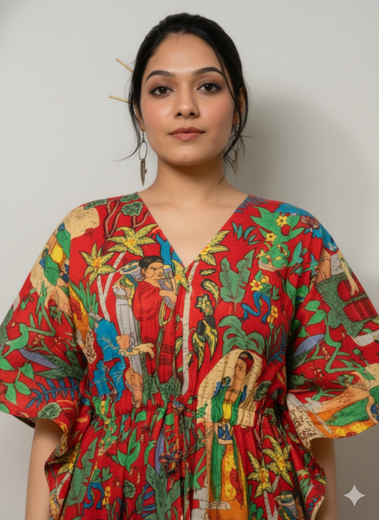 Hand Block Print Cotton Kaftan - Red Frida Kahlo Portrait Long Maxi Dress, Soft Loungewear