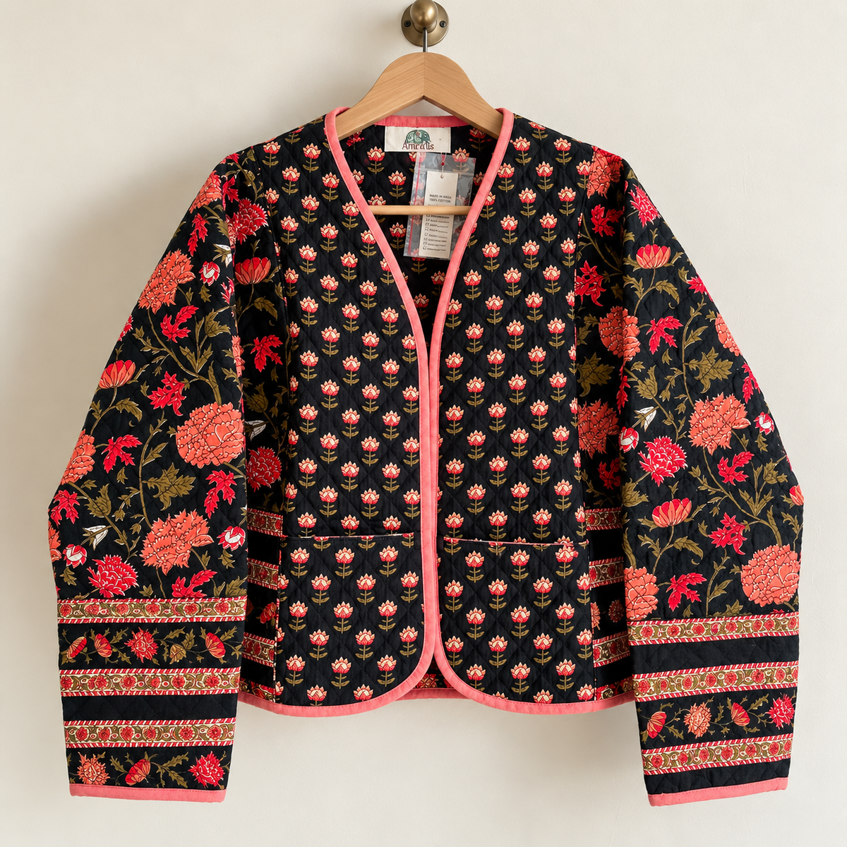 Reversible Orange Quilted Jacket Indian Block Print Cotton Short Coat Handcrafted Boho Jacket Women Lightweight Outerwear One Size Gift