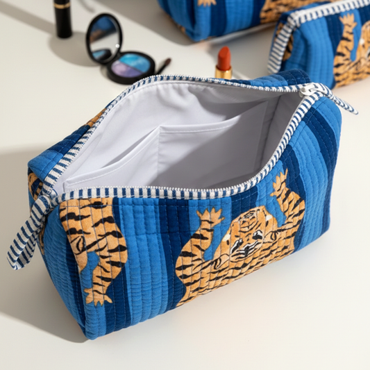 Set Of 3 Makeup Bag, Indigo Tiger Block Print Cotton Wash Kit, Quilted Travel Vanity Organizer Set