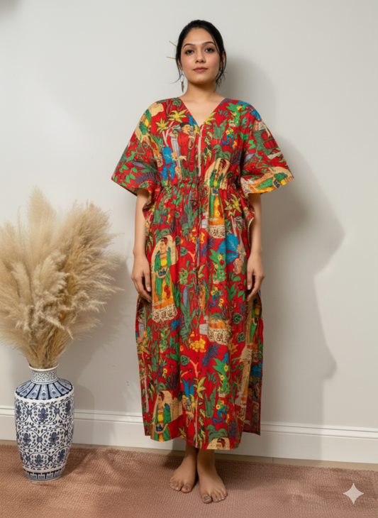 Hand Block Print Cotton Kaftan - Red Frida Kahlo Portrait Long Maxi Dress, Soft Loungewear
